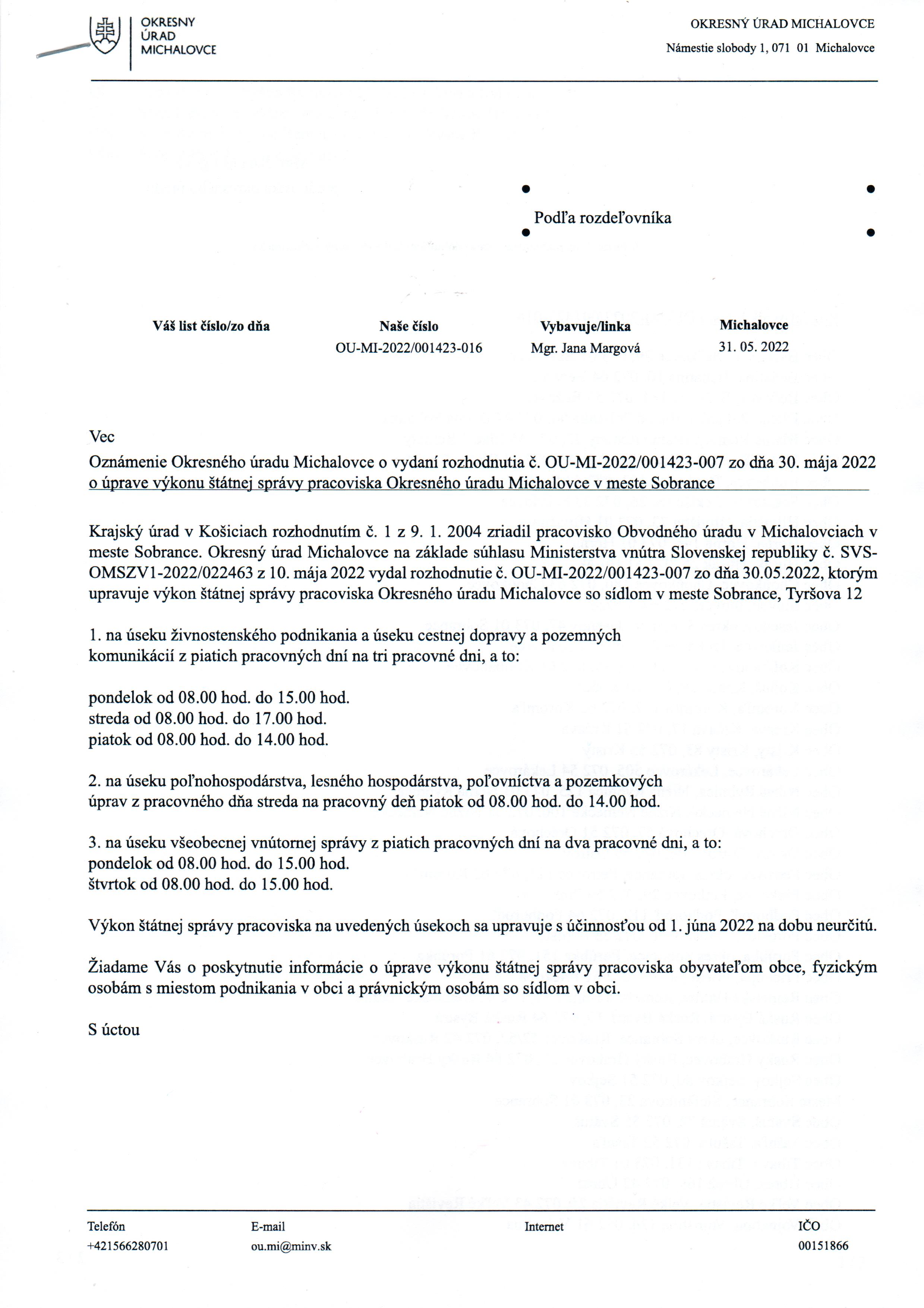 Oznámenie Okresného úradu Michalovce